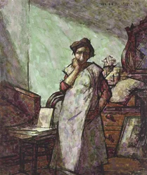 Innenraum mit Mrs. Mounter in einem Kittel, 1. Dezember 1918